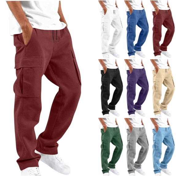 Men Sweatpants With Pockets Solid Color Casual Drawstring Elastic Waist Workwear Men Cargo Pants