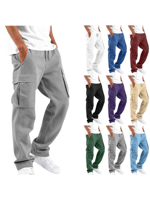 Men Sweatpants With Pockets Solid Color Casual Drawstring Elastic Waist Workwear Men Cargo Pants