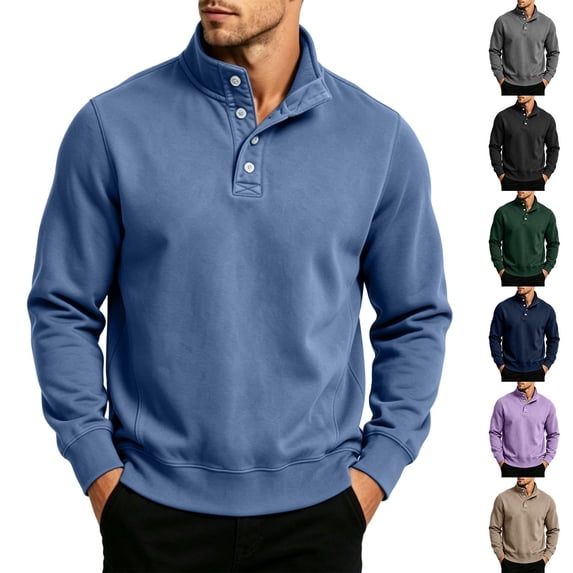 Men Sweatshirt Cameland Men's Solid Color Loose Casual Button Stand Collar Long Sleeve Shirt Navy,XXL
