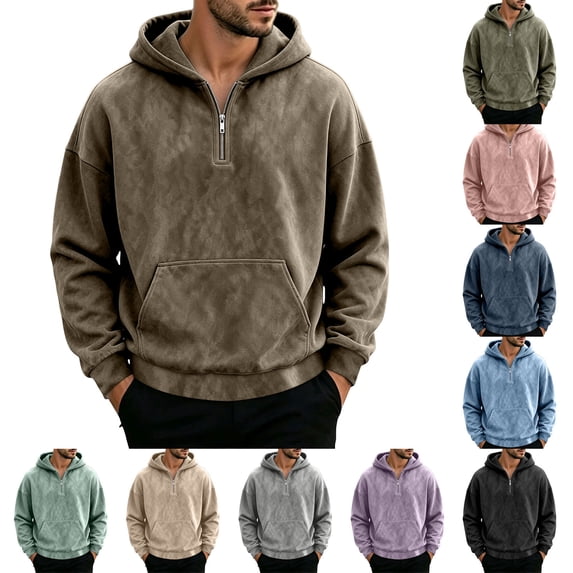 Men Sweatshirt Plus Size Solid Color Long Sleeve Hooded Breathable Zipper Top Loose Fit Lightweight Packable Outdoor Shirt for Sports Travel Wear