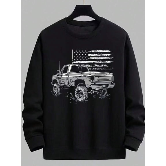 Men Sweatshirts, Men Clothes, Fall Clothes For Men, Graphic Sweatshirts With American Pickup Truck And National Flag Print, Fleece Lined, Warm And Comfortable