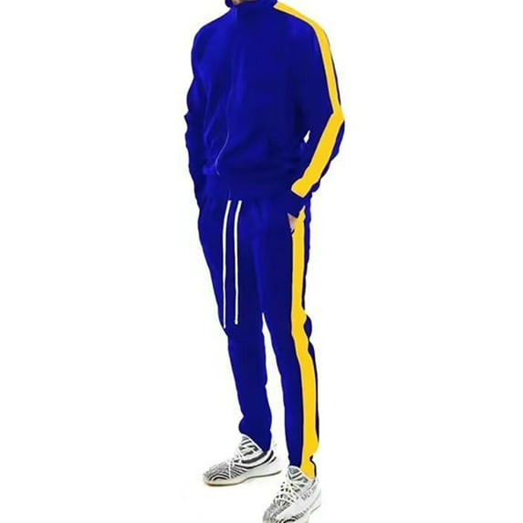 Men Sweatshirts+Pant Outfits Two Pieces Tracksuit Set Stand Up Neck Jogger Sets Casual Sweatsuit Sports Royal Blue 2XL