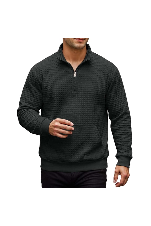 Men Sweatshirts Solid Waffle Knit Quarter Zip Pullover Top Chest Pocket Stand Collar Long Sleeve Loose Casual Top Black M