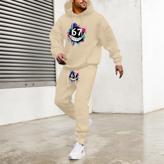 Men Sweatsuits 2 Piece Set Casual 67 Print Hoodie Sweatshirt and Joggers Sweatpants Sets Comfortable Fall Winter Sport Suit with Pocket Beige L