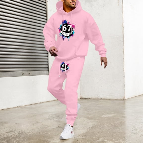 Men Sweatsuits 2 Piece Set Casual 67 Print Hoodie Sweatshirt and Joggers Sweatpants Sets Comfortable Fall Winter Sport Suit with Pocket Pink L