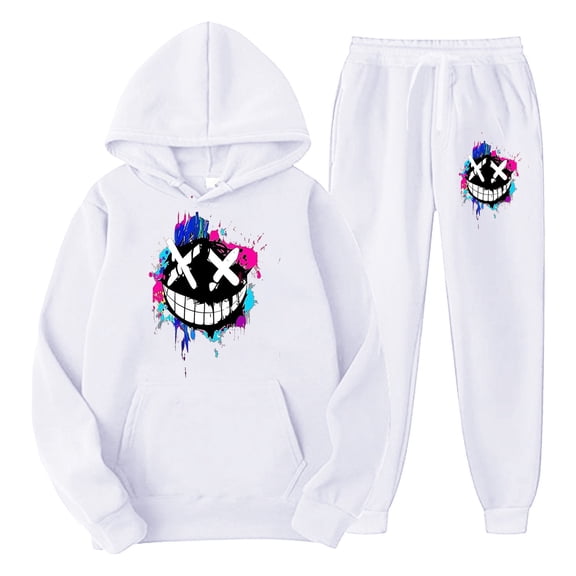 Men Sweatsuits 2 Piece Set Casual graphics print Hoodie Sweatshirt and Joggers Sweatpants Sets Comfortable Pullover Suits Clothes Outfits White L
