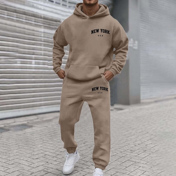 Men Sweatsuits 2 Piece Set Casual letter print Hoodie Sweatshirt and Joggers Sweatpants Sets Comfortable Sport Suits Clothes Outfits Khaki L