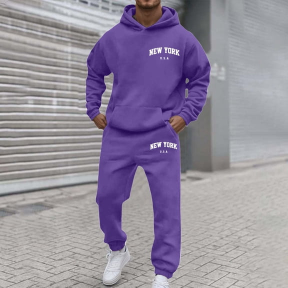Men Sweatsuits 2 Piece Set Casual letter print Hoodie Sweatshirt and Joggers Sweatpants Sets Comfortable Sport Suits Clothes Outfits Purple L
