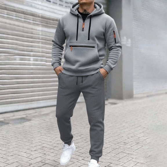 Men Sweatsuits 2 Piece Set Classic Solid Color Casual Hoodie Sweatshirt and Joggers Sweatpants Sets Running Sport Suit with Pocket Light Gray XXL