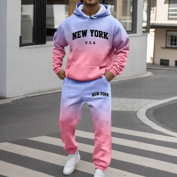 Men Sweatsuits 2 Piece Set Color Patchwork Loose Fit Hoodie Sweatshirt and Joggers Sweatpants Sets Versatile Fall Winter Long Sleeve Pullover Suit with Pocket