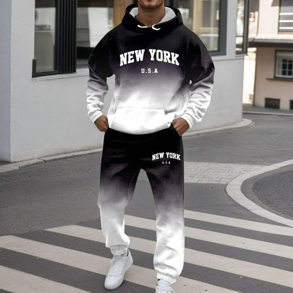 Men Sweatsuits 2 Piece Set Color Patchwork Loose Fit Hoodie Sweatshirt and Joggers Sweatpants Sets Versatile Fall Winter Long Sleeve Sport Suit with Pocket
