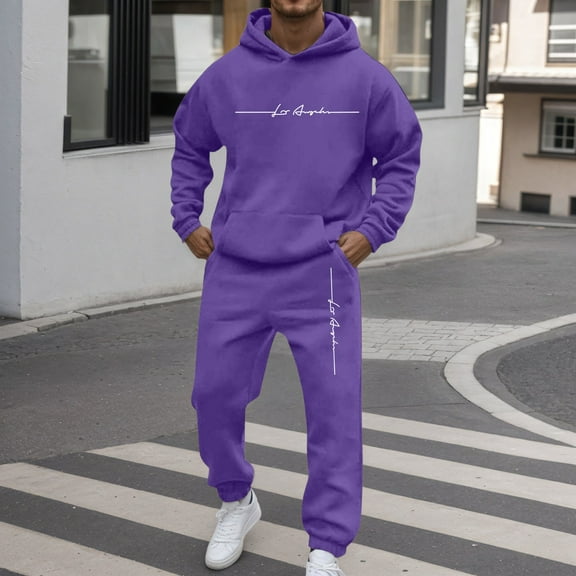 Men Sweatsuits 2 Piece Set Letter Graphic Hoodie Sweatshirt and Drawstring Sweatpants Sets Casual Solid Fall Winter Long Sleeve Sport Suit with Pocket