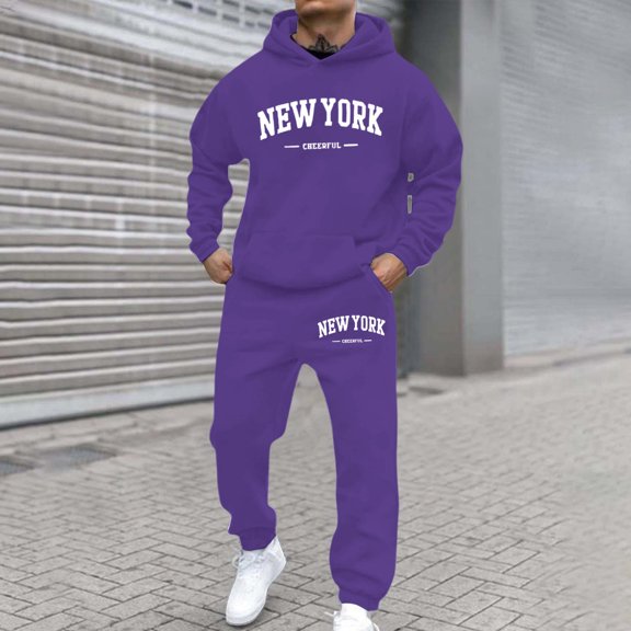 Men Sweatsuits 2 Piece Set Letter Print Loose Hoodies Sweatshirt And Joggers Sweatpants Set Casual Street Pullover Suit Sets Clothes Outfits Purple S