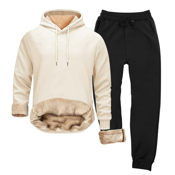Men Sweatsuits Sets Sherpa Lined 2 Piece Hooded Pullover Set Sweatshirts Sweatpants Winter Thermal Tracksuits,Beige,5XL