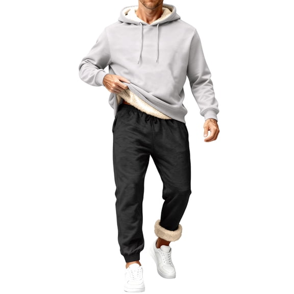 Men Sweatsuits Sets Sherpa Lined 2 Piece Hooded Pullover Set Fleece Sweatshirts Sweatpants Winter Thermal Tracksuits Light Gray XXL