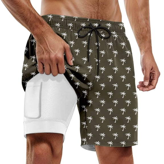 Men Swim Shorts Quick Dry Expandable Waist Stretch Board Shorts Printing Slim Fit Compression Liner Swimwear,Army Green,S