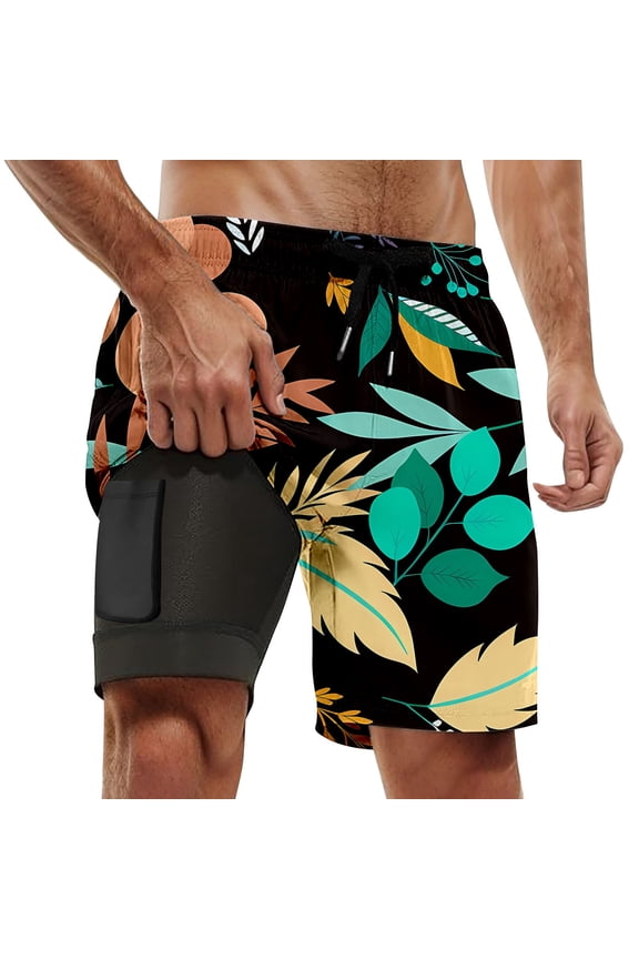 Men Swim Trunk Colorful Leaves 2 In 1 Quick Dry With Pockets Swimwear Bathing Suits Beach Outdoor Black L