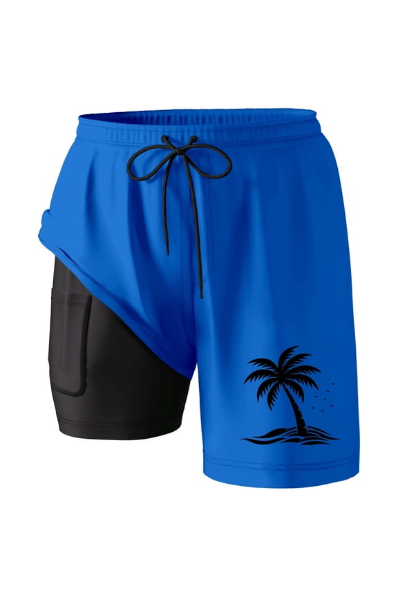 Men Swim Trunks with Compression Liner Quick Dry Expandable Waist Stretch Bathing Suit Swimsuit Printing Lightweight Compression Liner Swimwear,Blue,S