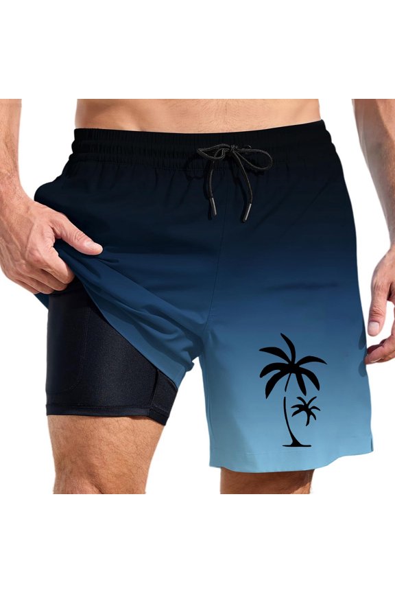 Men Swim Trunks Gradient Vacation 2 In 1 Quick Dry With Pockets Swimwear Bathing Suits Beach Outdoor Dark Blue M