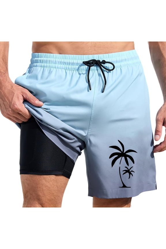 Men Swim Trunks Gradient Vacation 2 In 1 Quick Dry With Pockets Swimwear Bathing Suits Beach Outdoor Light Blue L