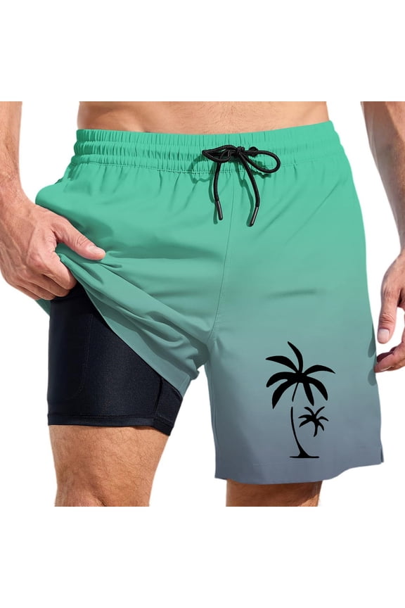 Men Swim Trunks Gradient Vacation 2 In 1 Quick Dry With Pockets Swimwear Bathing Suits Beach Outdoor Light Green XXXXL