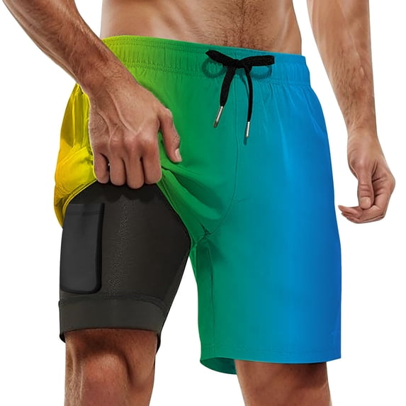 Men Swim Trunks Solid Color Gradient 2 In 1 Quick Dry With Pockets Swimwear Bathing Suits Beach Outdoor Light Pink XXL