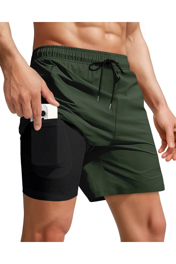 Men Swim Trunks with Compression 7 Inches Breathable Liner Quick Dry Zipper Pockets for Board Beach Gym Running