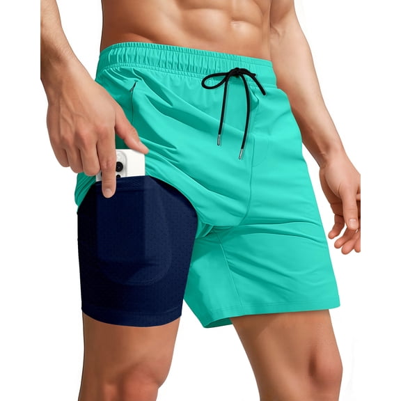 Men Swim Trunks with Compression 7 Inches Breathable Liner Quick Dry Zipper Pockets for Board Beach Gym Running