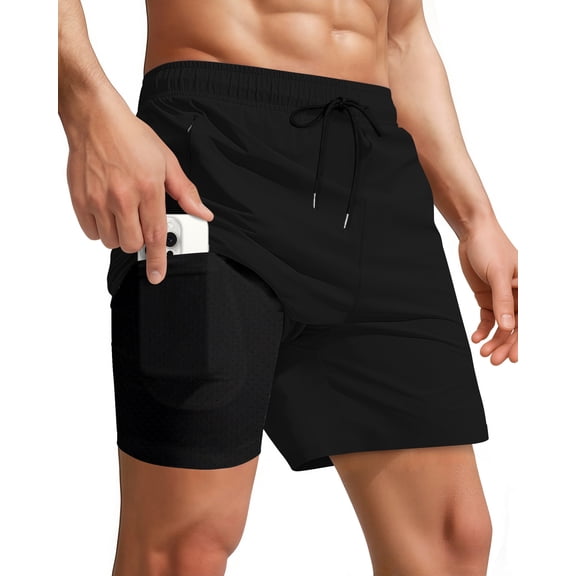 Men Swim Trunks with Compression 7 Inches Breathable Liner Quick Dry Zipper Pockets for Board Beach Gym Running