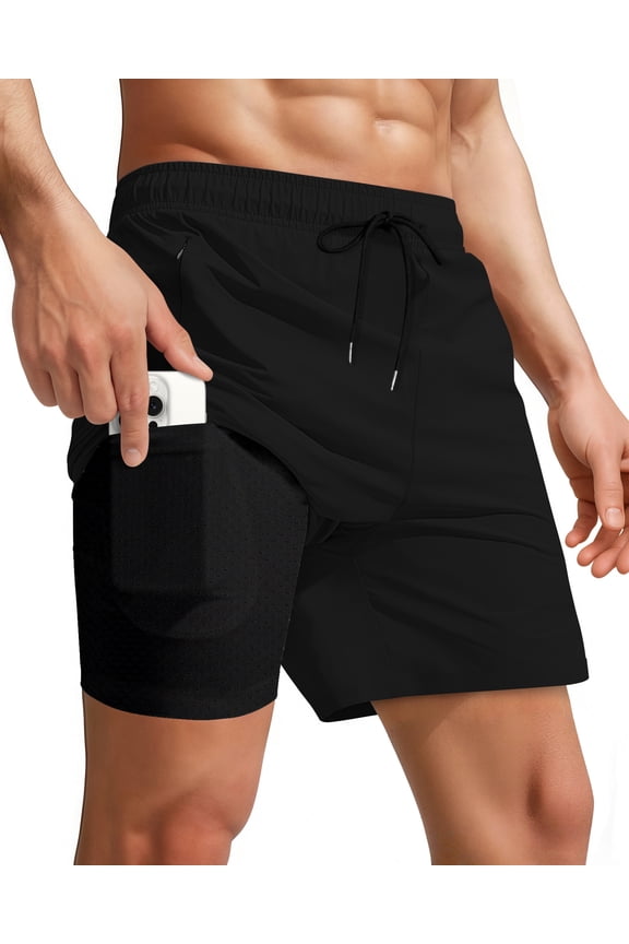 Men Swim Trunks with Compression 7 Inches Breathable Liner Quick Dry Zipper Pockets for Board Beach Gym Running