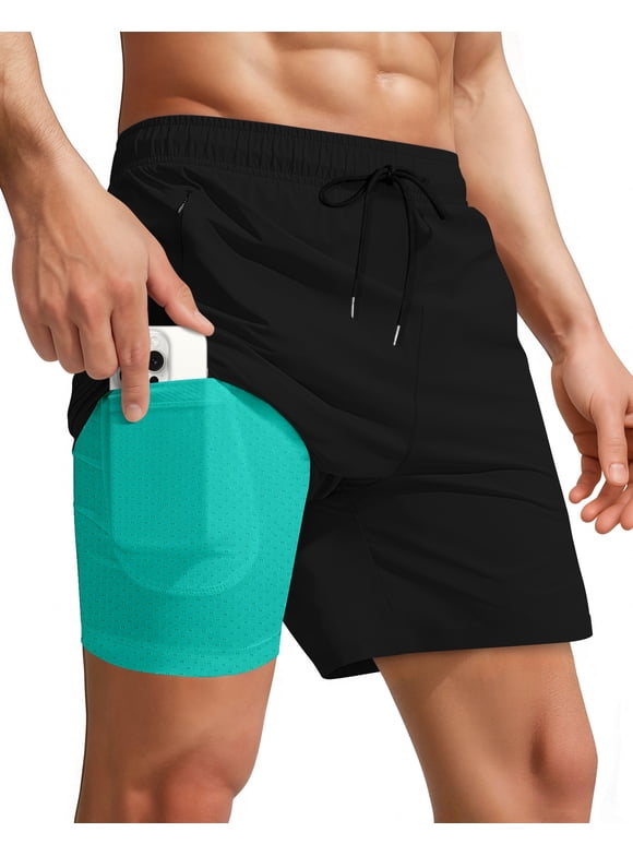 Men Swim Trunks with Compression 7 Inches Breathable Liner Quick Dry Zipper Pockets for Board Beach Gym Running