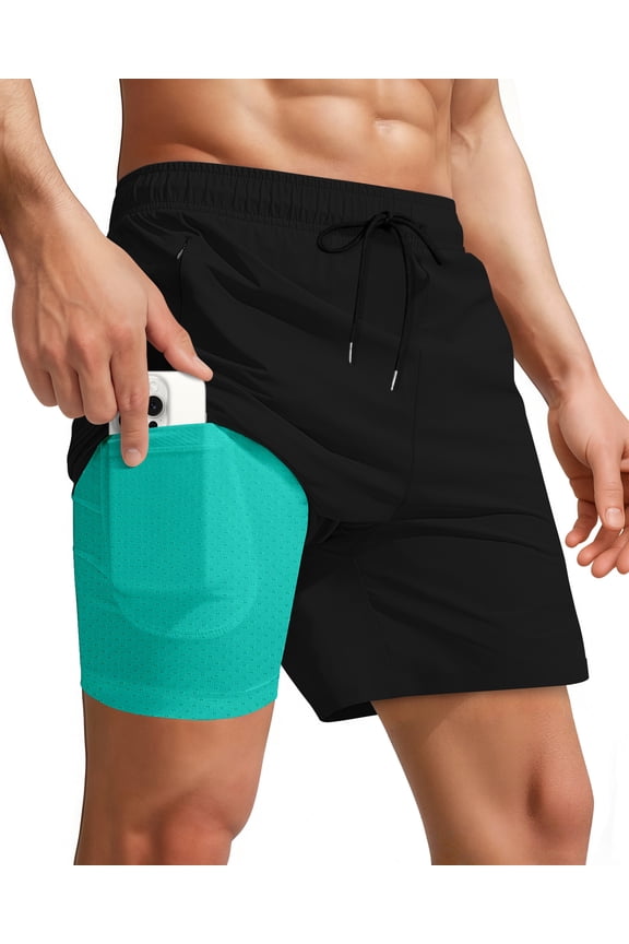 Men Swim Trunks with Compression 7 Inches Breathable Liner Quick Dry Zipper Pockets for Board Beach Gym Running