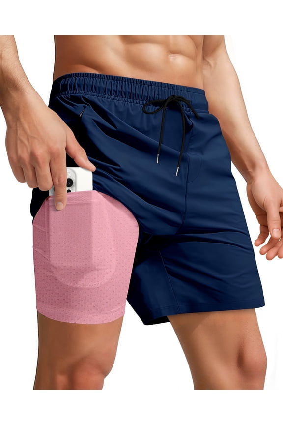 Men Swim Trunks with Compression 7 Inches Breathable Liner Quick Dry Zipper Pockets for Board Beach Gym Running