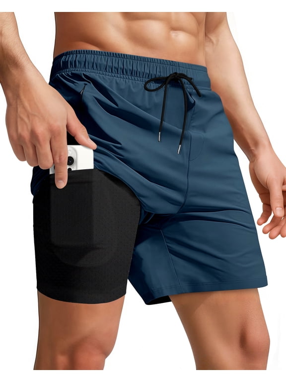 Men Swim Trunks with Compression 7 Inches Breathable Liner Quick Dry Zipper Pockets for Board Beach Gym Running