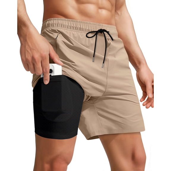 Men Swim Trunks with Compression 7 Inches Breathable Liner Quick Dry Zipper Pockets for Board Beach Gym Running