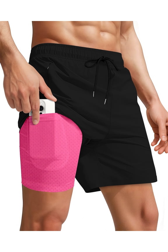Men Swim Trunks with Compression 7 Inches Breathable Liner Quick Dry Zipper Pockets for Board Beach Gym Running