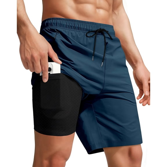 Men Swim Trunks with Compression 9 Inches Breathable Liner Quick Dry Zipper Pockets Swimming Bathing Summer Beach Shorts for Board Beach Gym Running