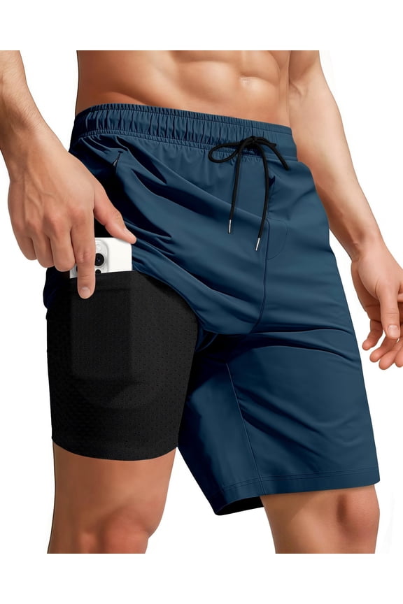 Men Swim Trunks with Compression 9 Inches Breathable Liner Quick Dry Zipper Pockets Swimming Bathing Summer Beach Shorts for Board Beach Gym Running
