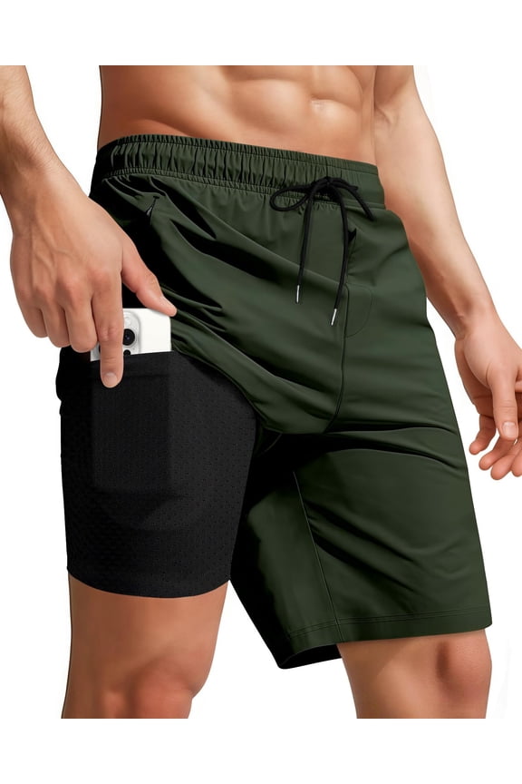 Men Swim Trunks with Compression 9 Inches Breathable Liner Quick Dry Zipper Pockets Swimming Bathing Summer Beach Shorts for Board Beach Gym Running
