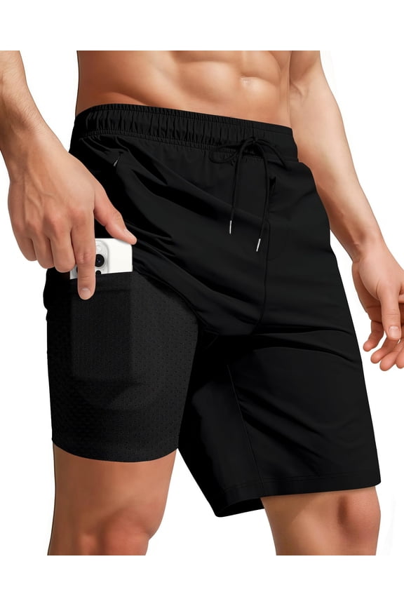 Men Swim Trunks with Compression 9 Inches Breathable Liner Quick Dry Zipper Pockets Swimming Bathing Summer Beach Shorts for Board Beach Gym Running