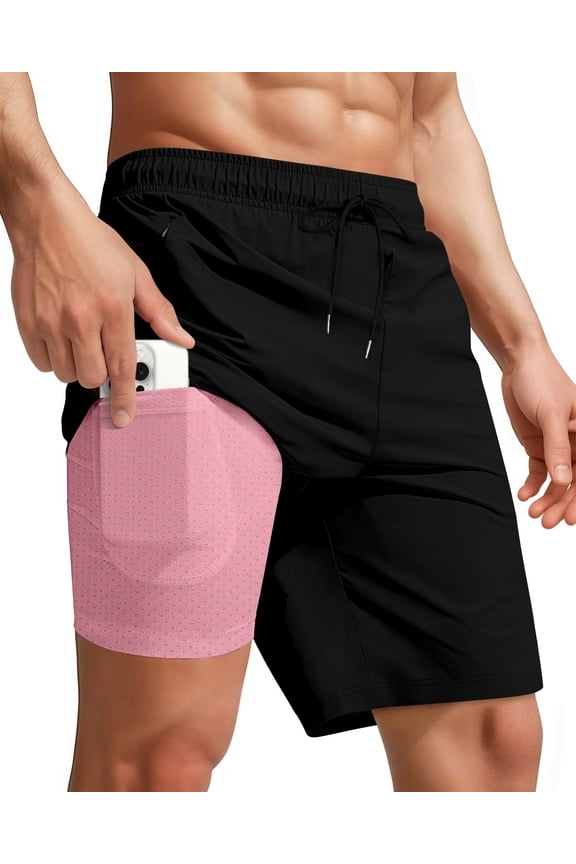 Men Swim Trunks with Compression 9 Inches Breathable Liner Quick Dry Zipper Pockets Swimming Bathing Summer Beach Shorts for Board Beach Gym Running