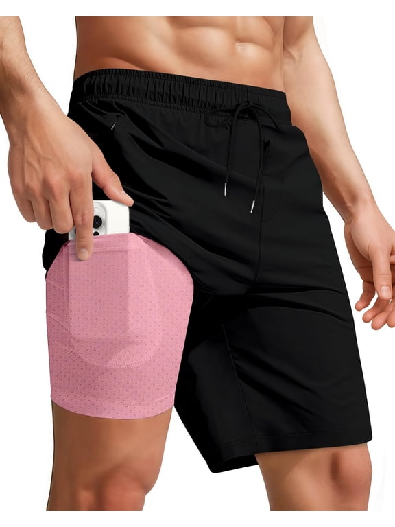 Men Swim Trunks with Compression 9 Inches Breathable Liner Quick Dry Zipper Pockets Swimming Bathing Summer Beach Shorts for Board Beach Gym Running
