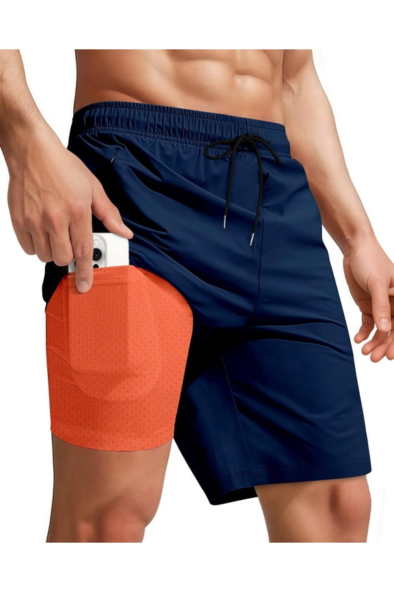 Men Swim Trunks with Compression 9 Inches Breathable Liner Quick Dry Zipper Pockets Swimming Bathing Summer Beach Shorts for Board Beach Gym Running