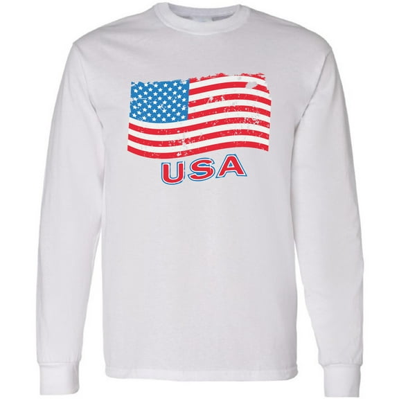 Men T-Shirt 4th of July Long Sleeve Distress Flag USA S M L XL 2XL Mens Graphic Tee