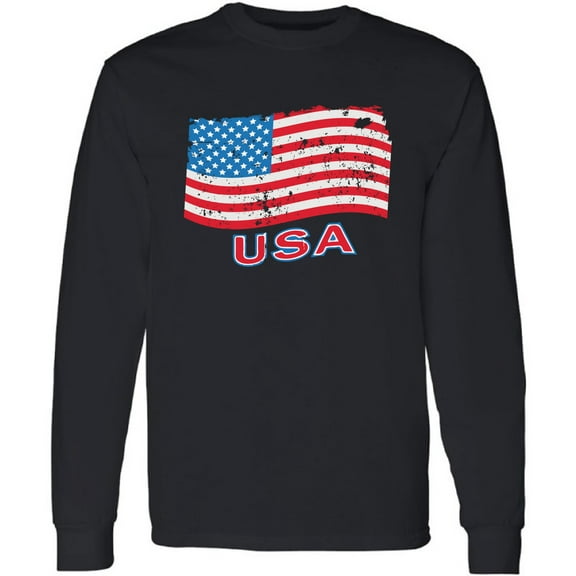 Men T-Shirt 4th of July Long Sleeve Distress Flag USA S M L XL 2XL Mens Graphic Tee
