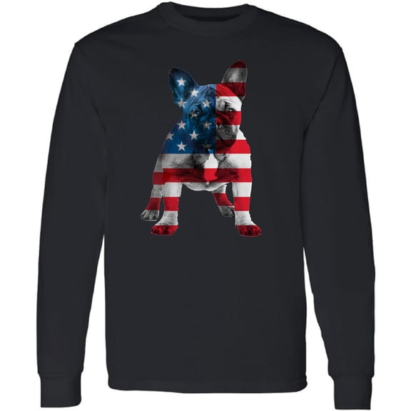 Men T-Shirt 4th of July Long Sleeve French Bulldog American Flag S M L XL 2XL Mens Graphic Tee