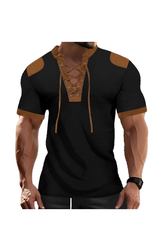 Men T Shirt Short Sleeve Casual Tee Lace Up Top Summer Strappy Shirt Streetwear
