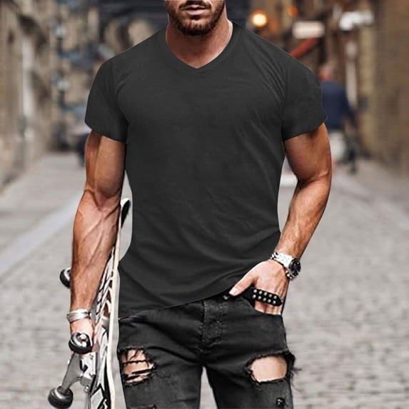 Men T Shirts European Solid V Neck Pullover Casual Sports Short Sleeved Undershirt, L, Black