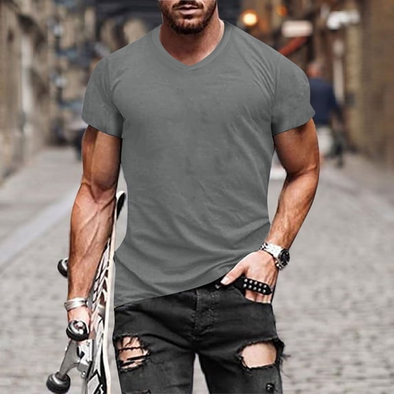 Men T Shirts European Solid V Neck Pullover Casual Sports Short Sleeved Undershirt, M, Dark Gray