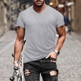 thumbnail image 1 of Men T Shirts European Solid V Neck Pullover Casual Sports Short Sleeved Undershirt, XXXL, Grey, 1 of 6